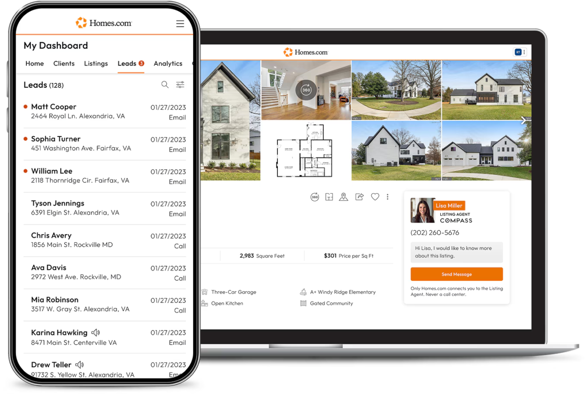 Homes.com interface on web and mobile showing leads for an agent