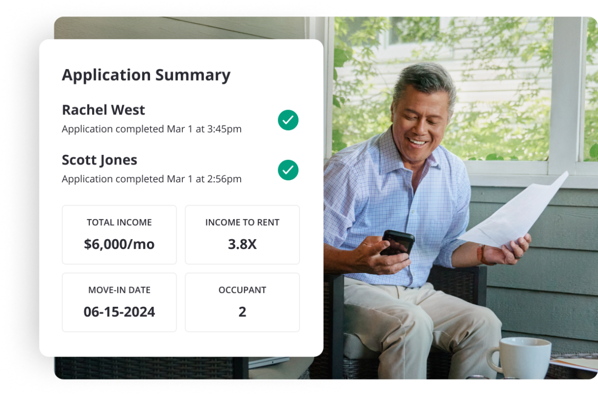 Zillow renter application summary with an applicant's total income, proposed move-in date, and number of occupants