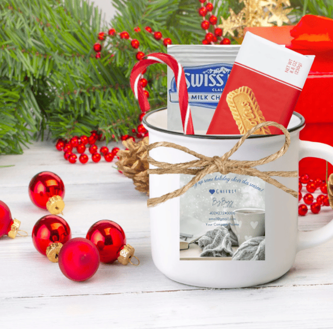 Pop-by tag on a mug filled with hot chocolate essentials